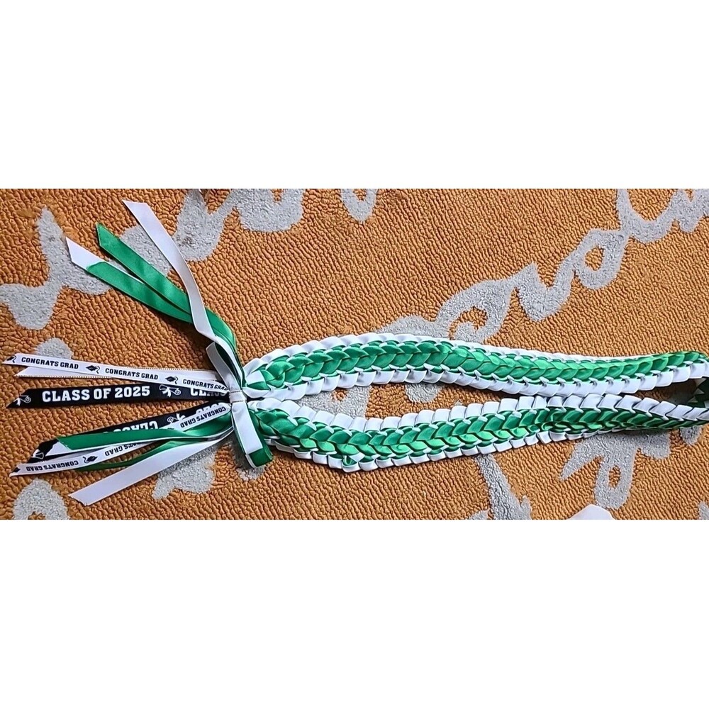 Green & White TRIM Graduation Lei Ribbon Lei with 4 Ribbons Ready2Ship